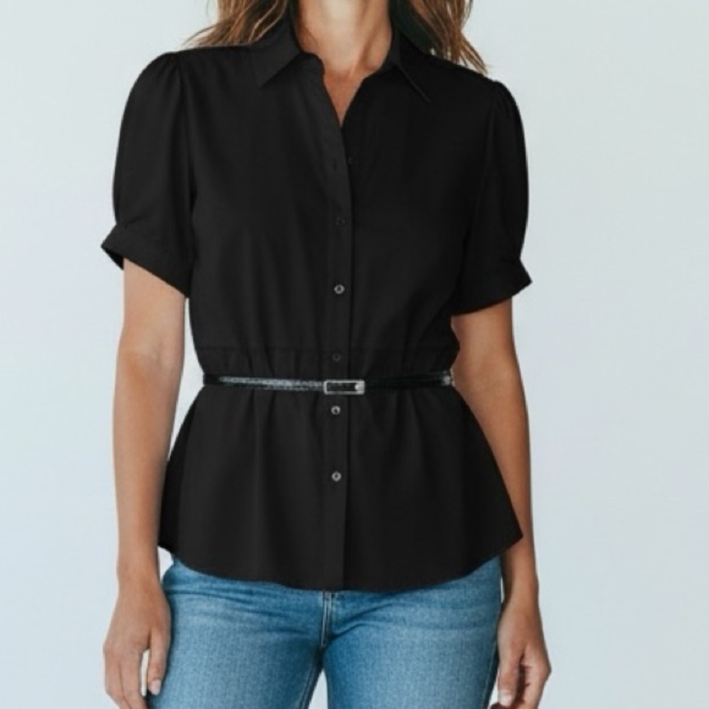 👛 (ANY 2/$30)FRED DAVID Stretch Short Sleeve Belted Black Blouse